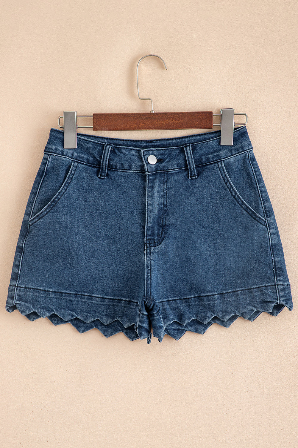 High Waste Sail Blue Acid Wash Denim Shorts With Scalloped Hemline