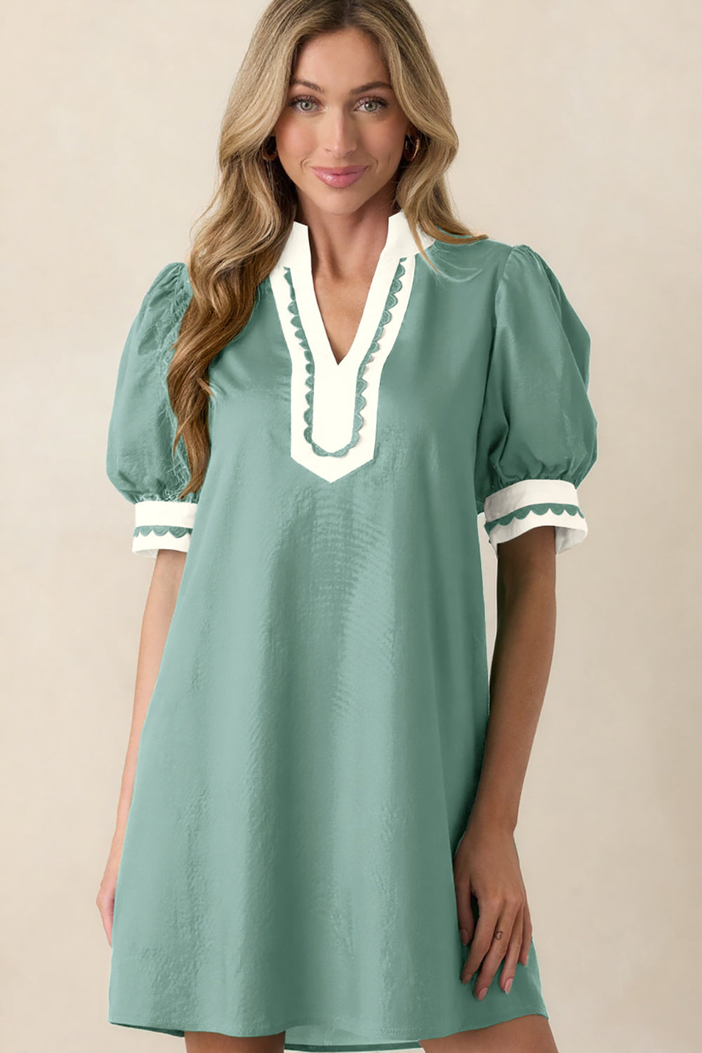 Canton Mini Dress With Scallop Color Block Trim & Puff Sleeves