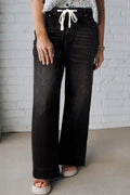 Plus Size Black Acid Wash Jeans With Drawstring