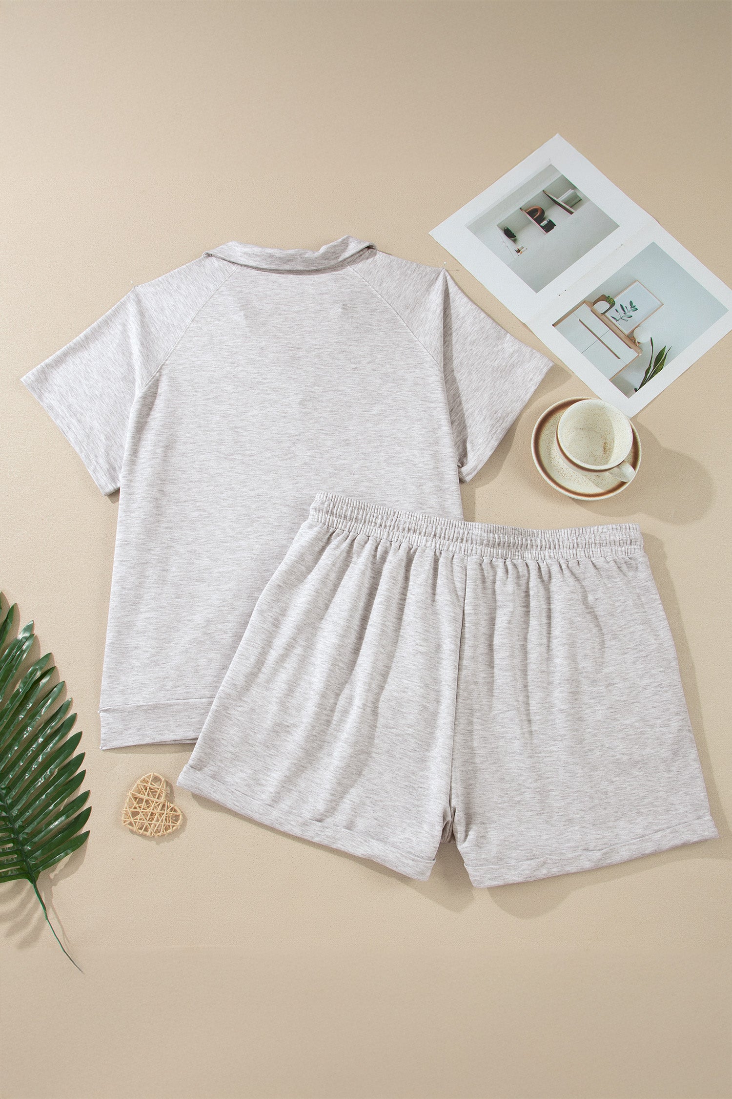 Plus Size Light Grey 2pc Set With V-Neck Short Sleeve Tee & Elastic Waist Shorts
