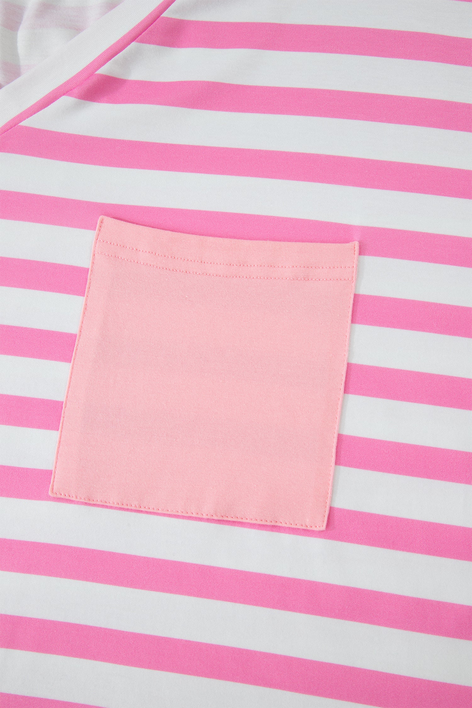 Plus Size Pink Stripe Colorblock Patched Pocket V Neck Tee