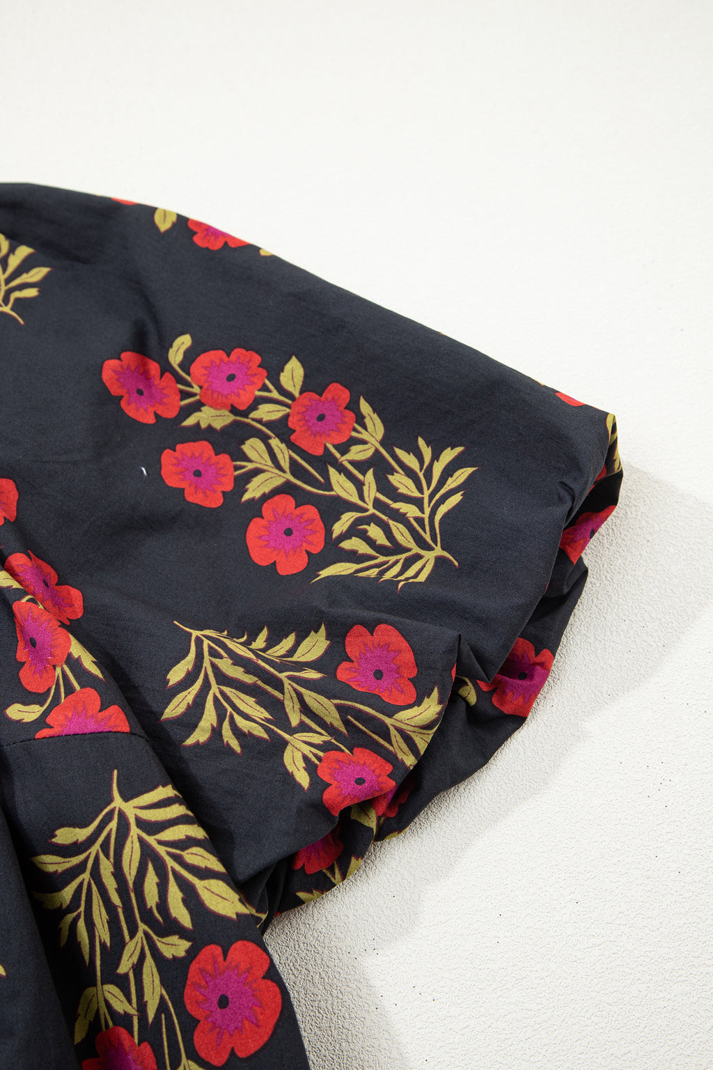 Plus Size Black Short Sleeve Cotton Blouse With Floral Print Ricrac Striped Trim