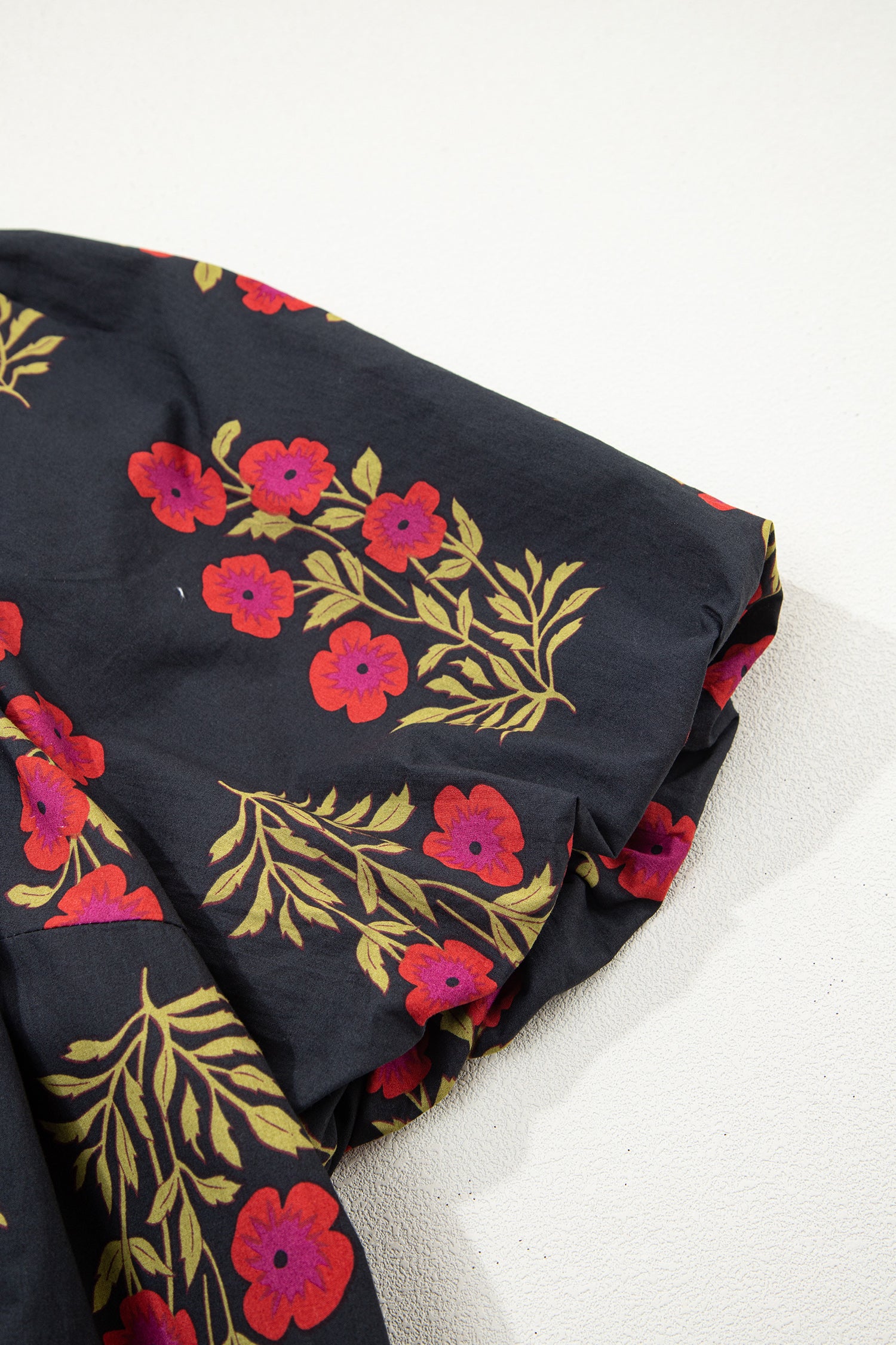 Plus Size Black Short Sleeve Cotton Blouse With Floral Print Ricrac Striped Trim