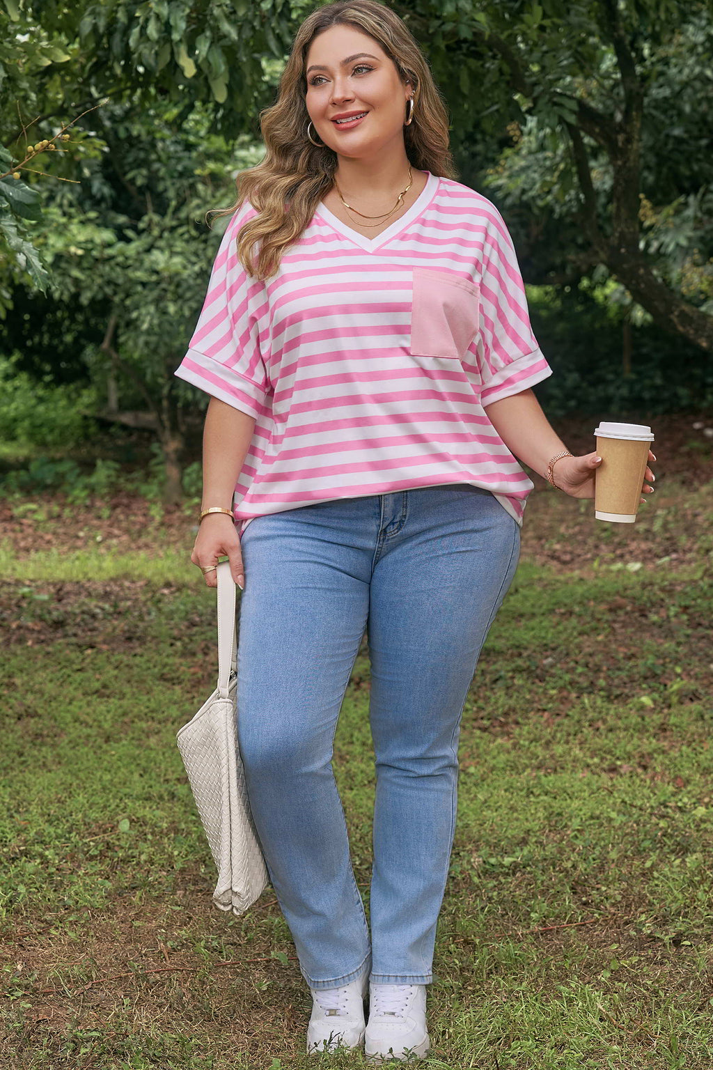 Plus Size Pink Stripe Colorblock Patched Pocket V Neck Tee