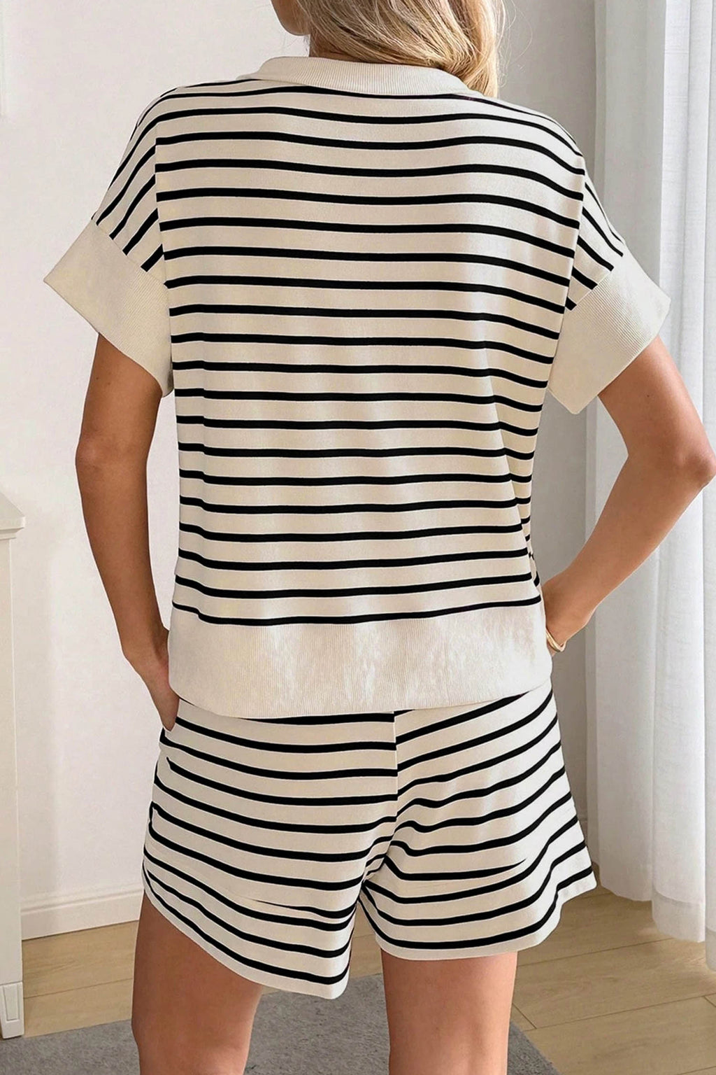 Black Stripe Ribbed With Color Block Trim Zip Polo Tee & Drawstring Shorts 2pcs Outfit