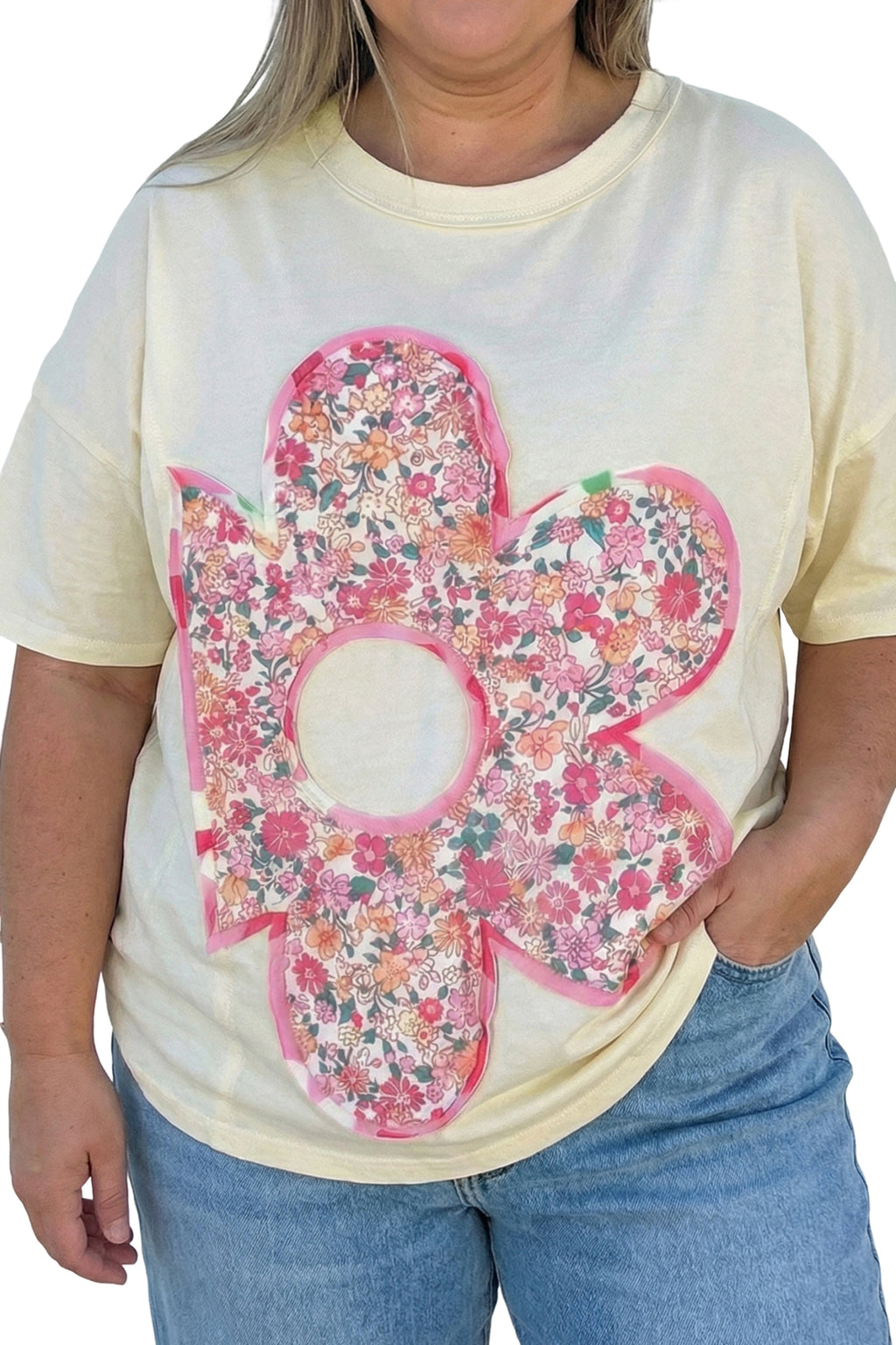 Plus Size Big Flower Patched Tunic Tee