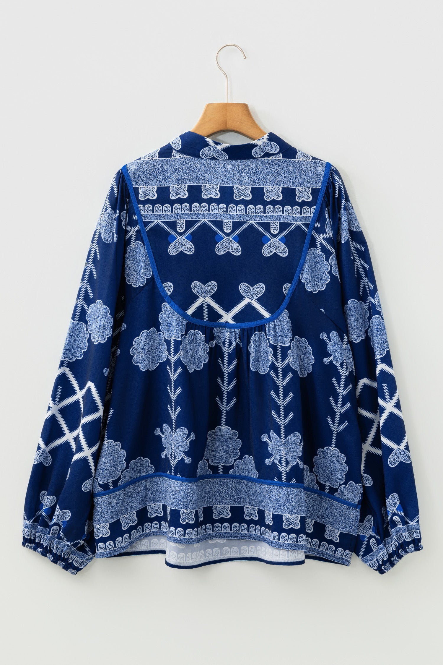 Plus Size Blue Notched Neck Floral Print Long Sleeve Blouse