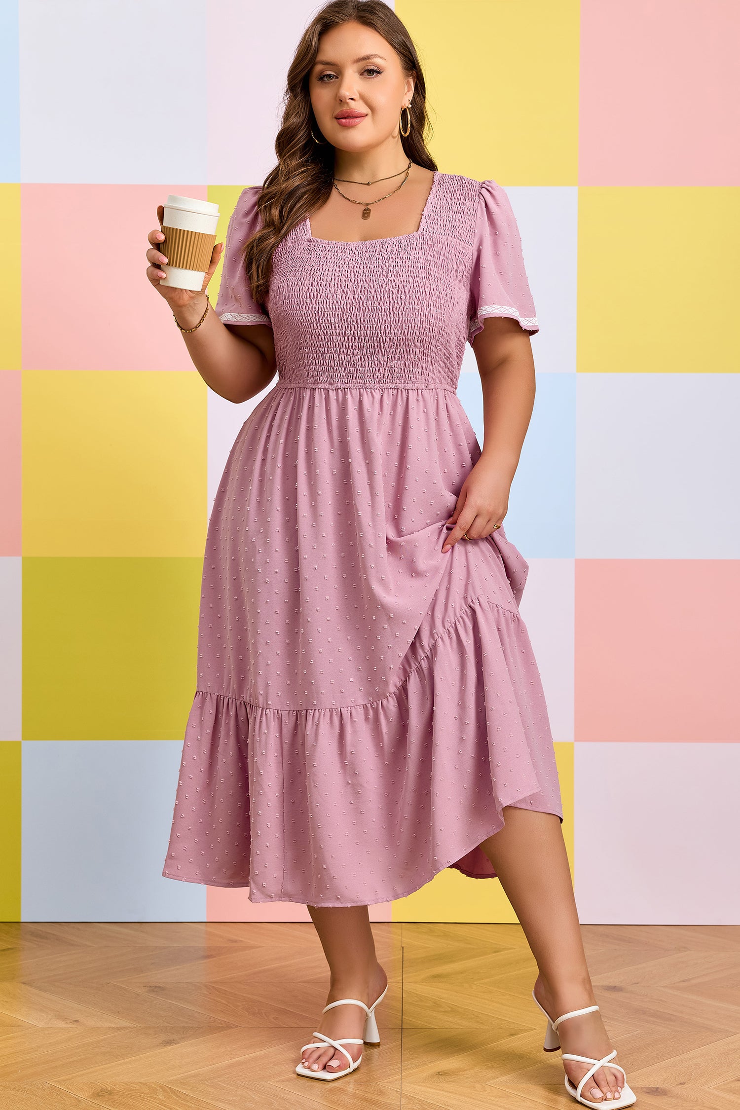 Plus Size Pink Swiss Dot Flowy Midi Dress With Short Sleeves & Smocked High Waist