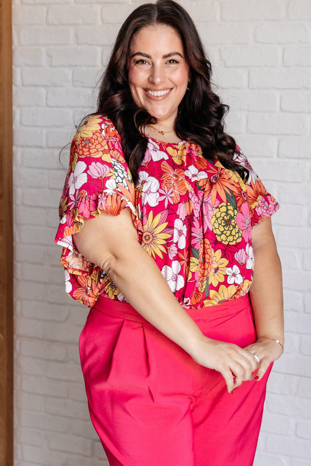 Plus Size Pink Floral Print Short, Ruffle Sleeve Blouse