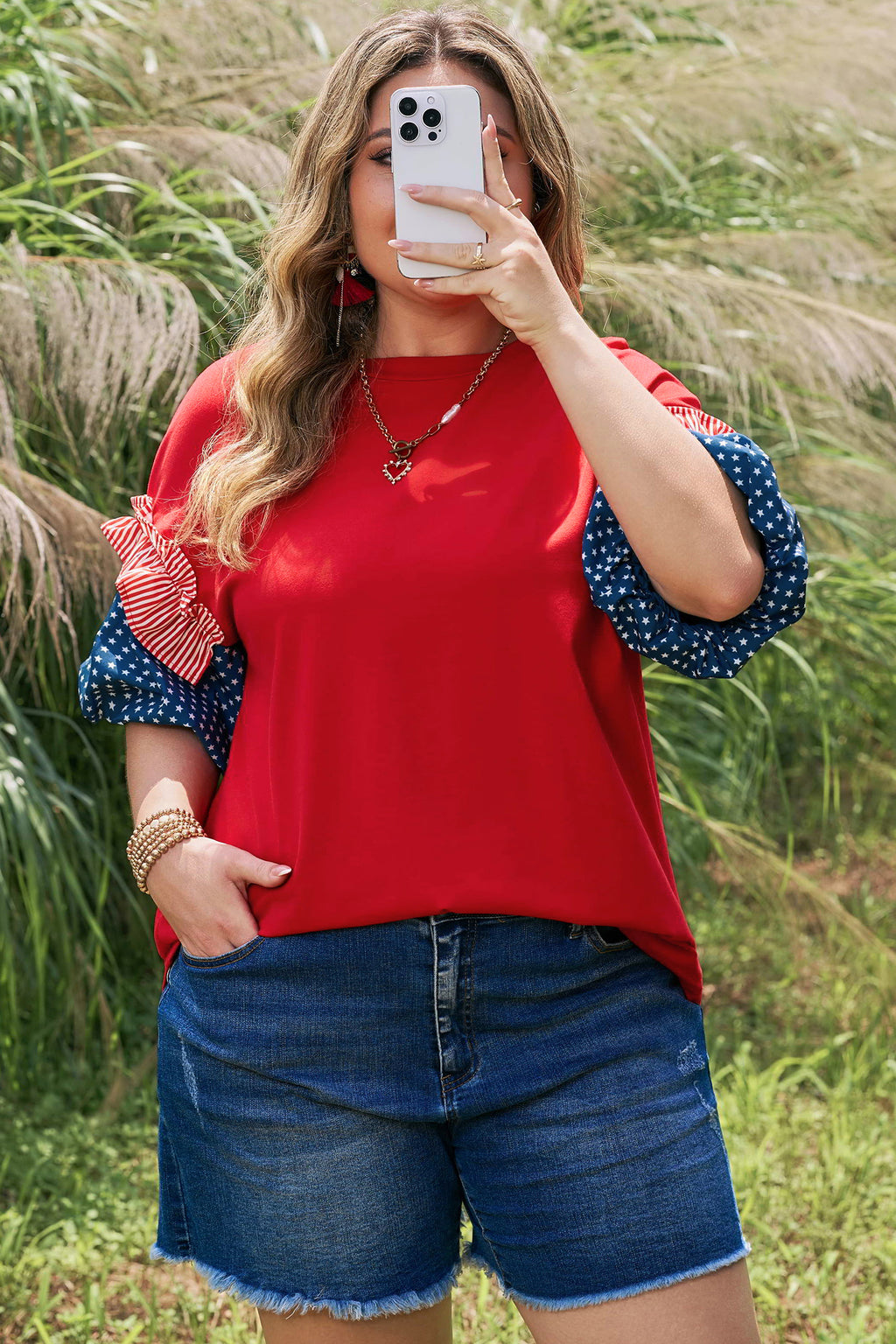 Plus Size Fiery Red Striped Ruffles Star Short Bubble Sleeve Patchwork Top