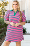 Plus Size Rose Stripe Collared      V-Neck T-Shirt Dress with Puff Sleeves & Pockets
