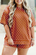 Plus Size 2pc Brown Polka Dot Print Dropped Shoulder Tee & Shorts Set