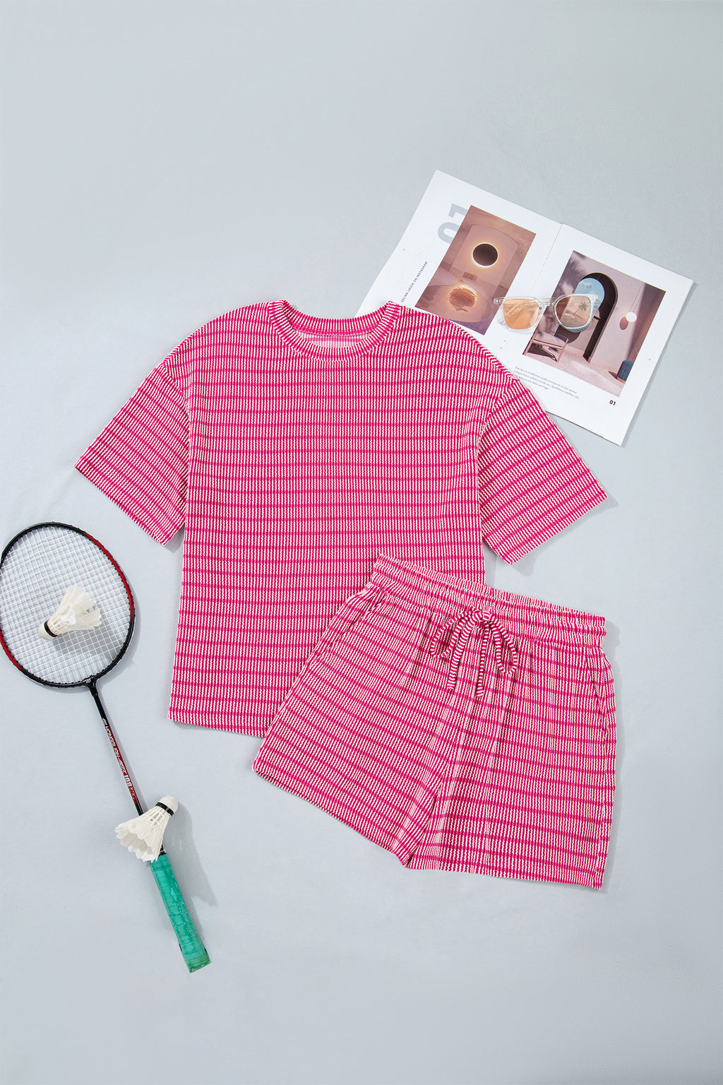 Rose Stripe Ribbed Loose Tee & Drawstring Elastic Waist Short Set