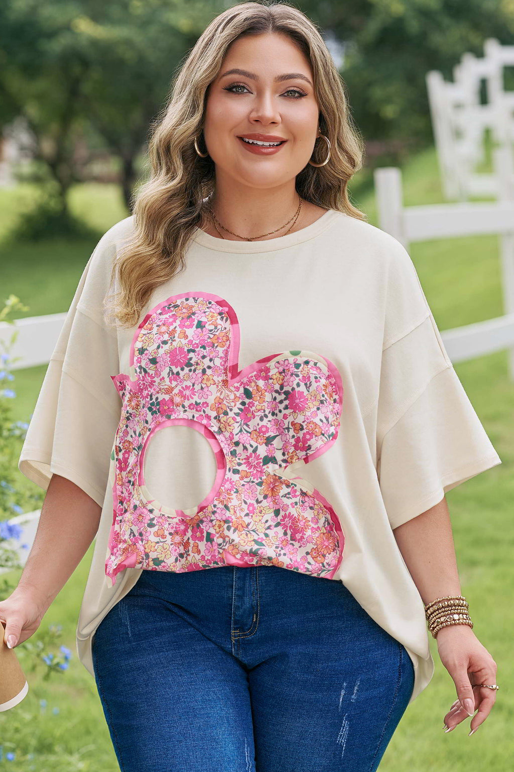 Plus Size Big Flower Patched Tunic Tee