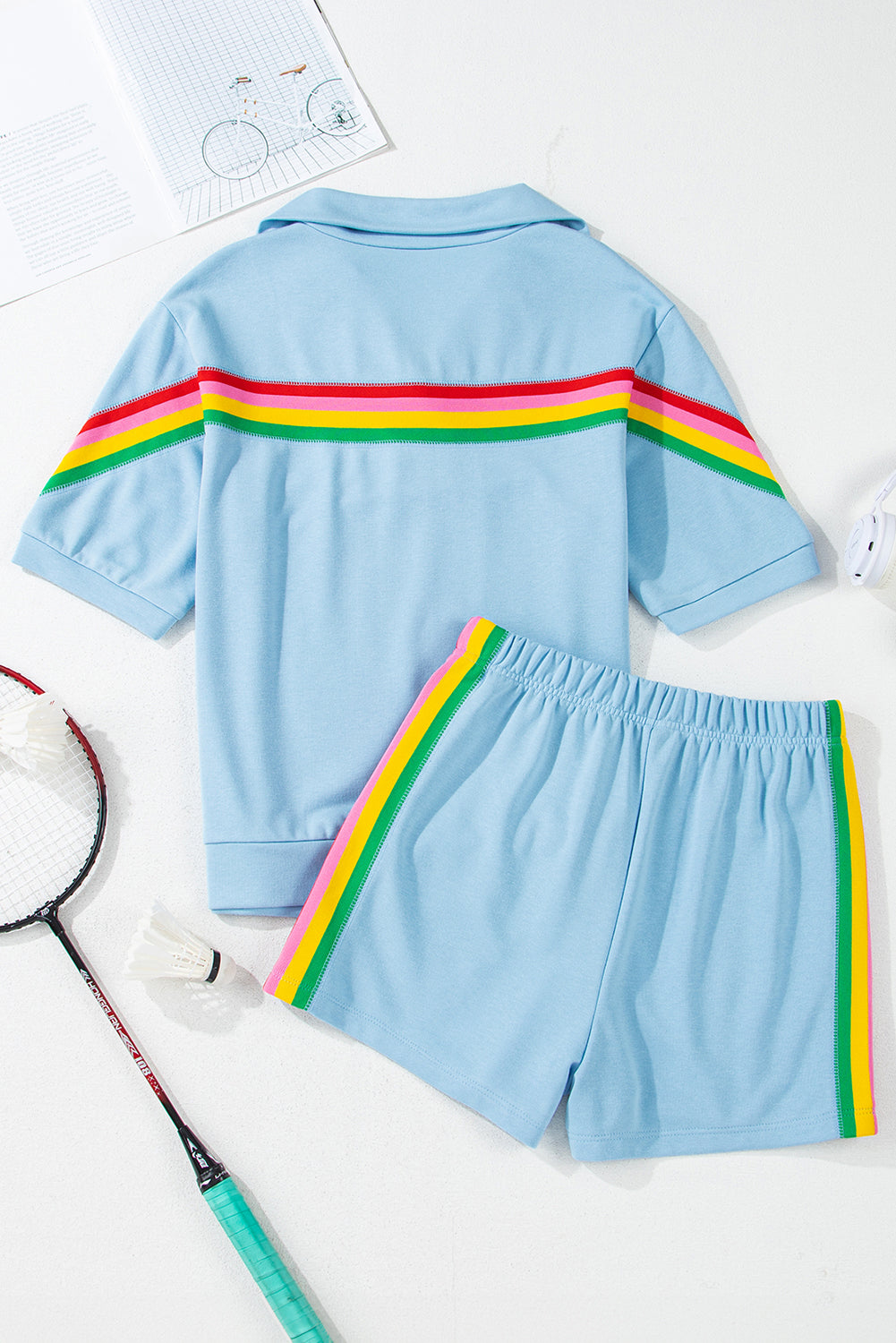Sky Blue Rainbow Color-block 2 Piece Shorts Set