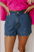 High Waste Sail Blue Acid Wash Denim Shorts With Scalloped Hemline