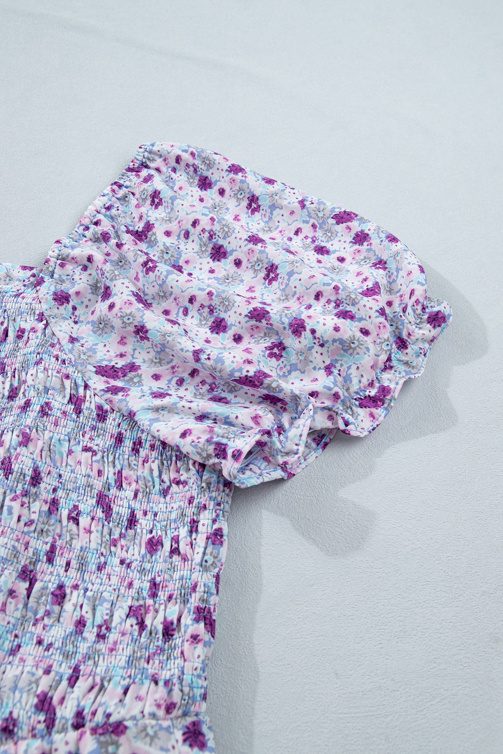 Plus Size Purple Floral Print Smocked Maxi Dress With Square Neck