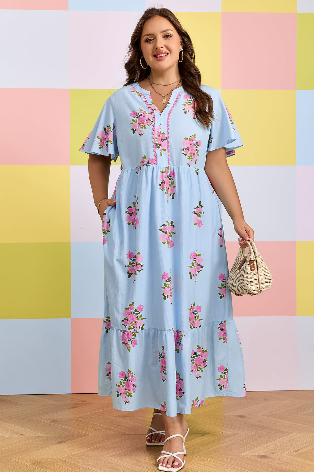 Plus Size Sky Blue Floral Print V-neck Dress With Scalloped Trim