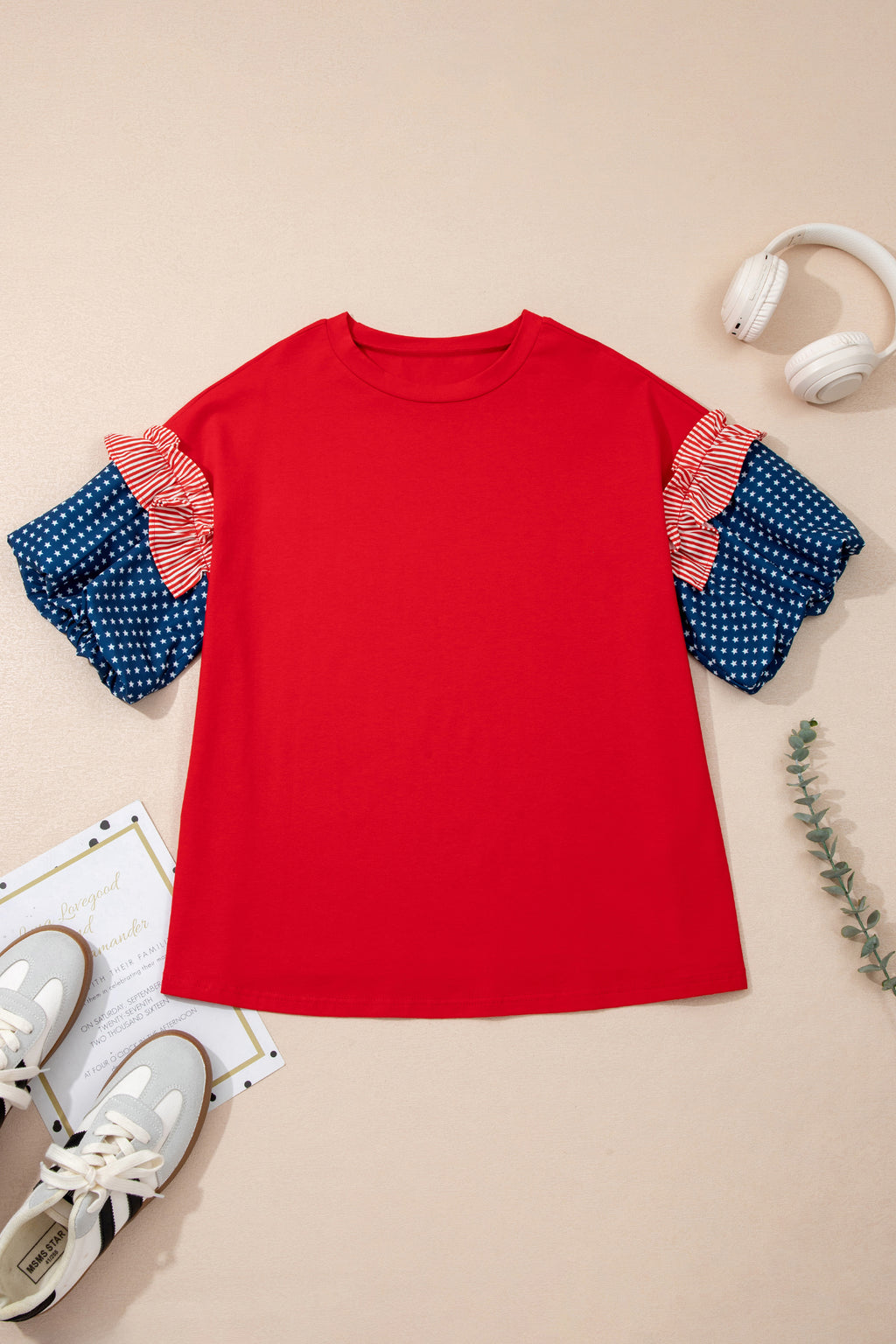 Plus Size Fiery Red Striped Ruffles Star Short Bubble Sleeve Patchwork Top