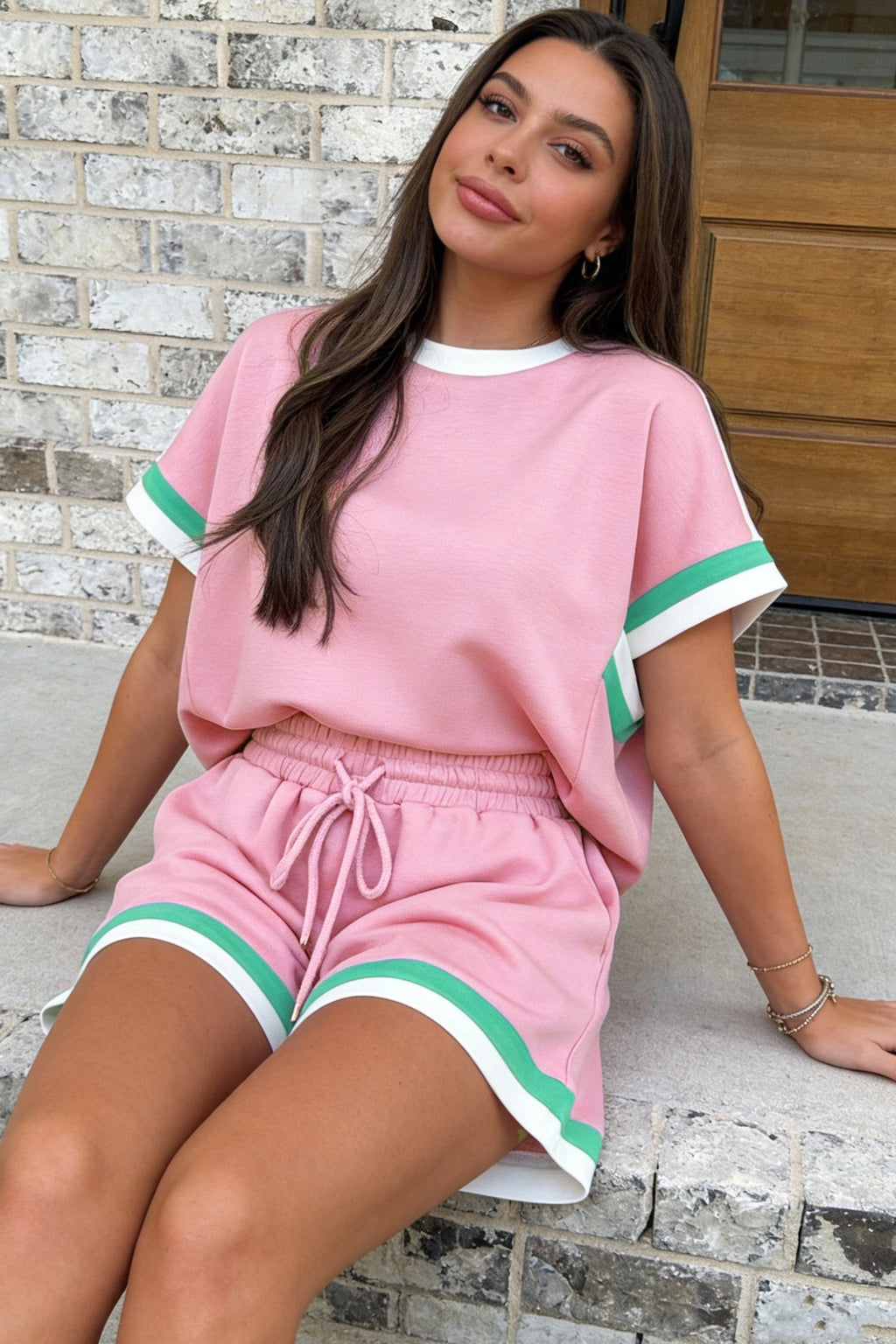 Bonbon Striped Trim Casual Tee & Drawstring Shorts 2pcs Set