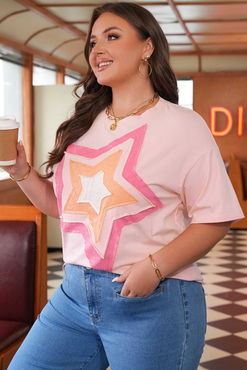 Plus Size Light Pink Eyelet Lace Tee With Star Applique