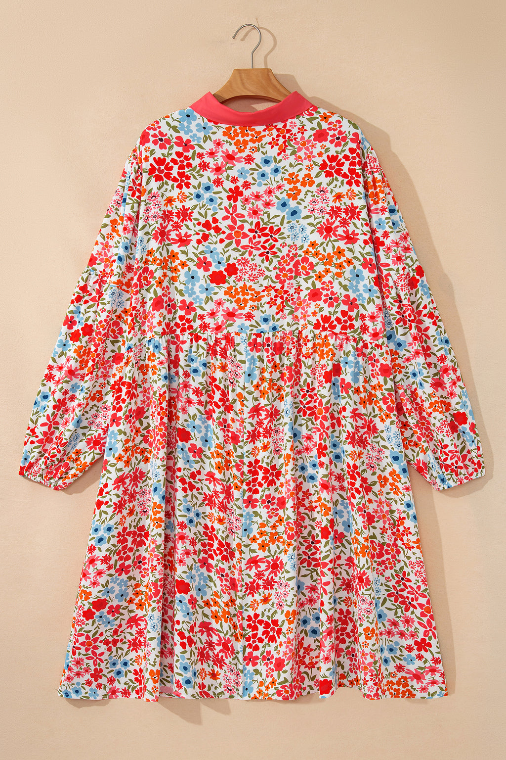 Plus Size Pink Button V-Neck Floral Print Puff Sleeve Loose Mini Dress