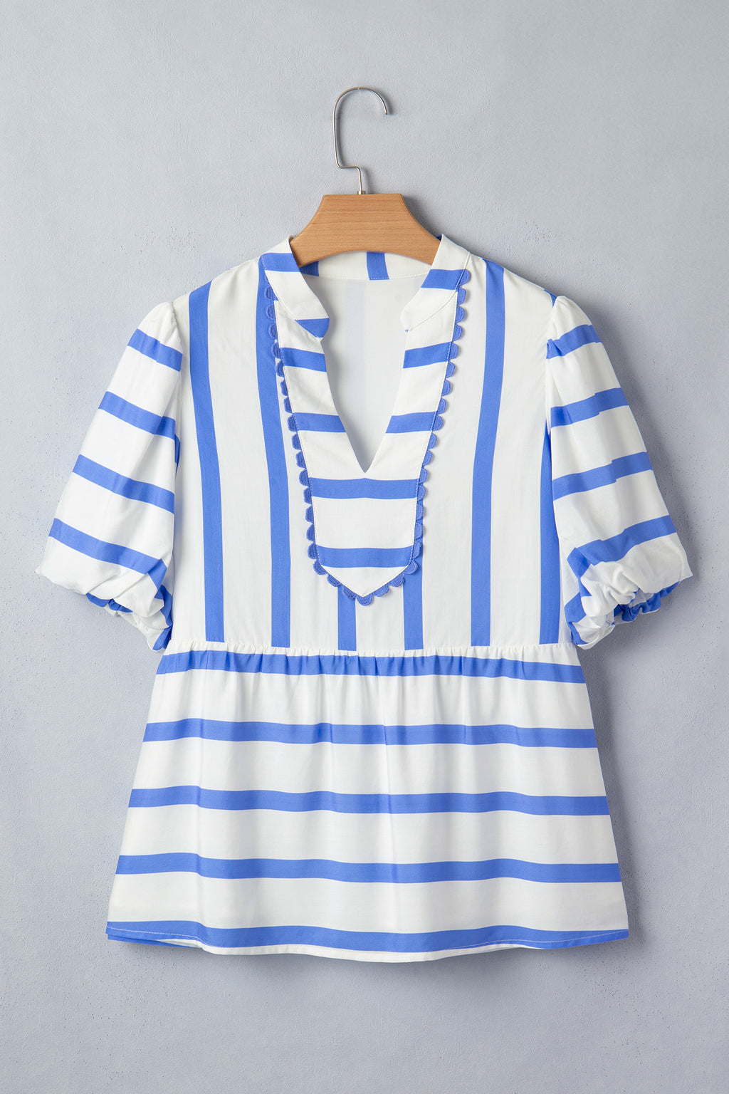 Sky Blue Stripe V-Neck Summer Blouse with Puff Sleeves