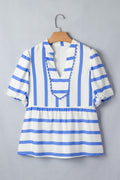 Sky Blue Stripe V-Neck Summer Blouse with Puff Sleeves