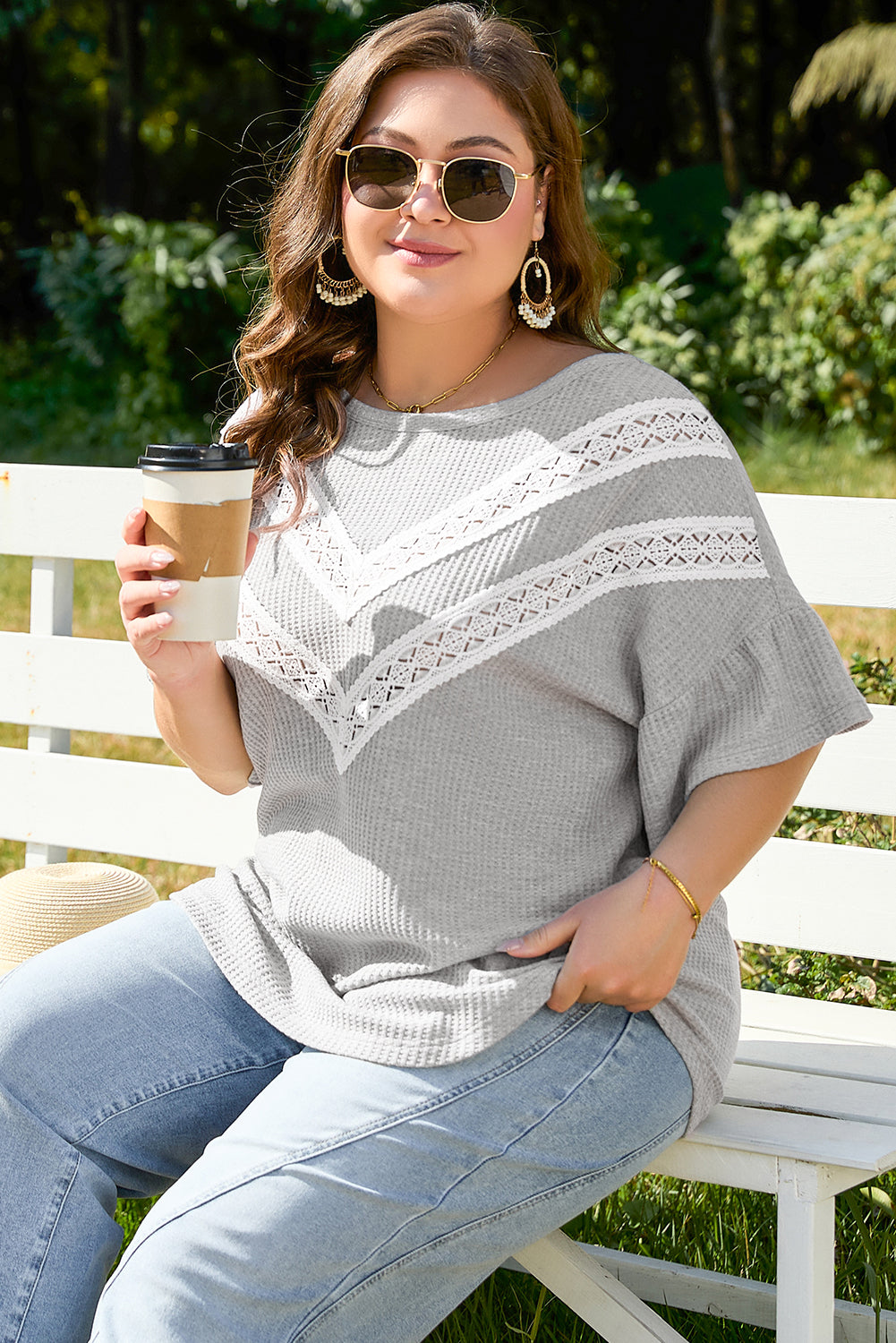 Plus Size Light Grey With Lace Insert Ruffle Short Sleeve Waffle Top