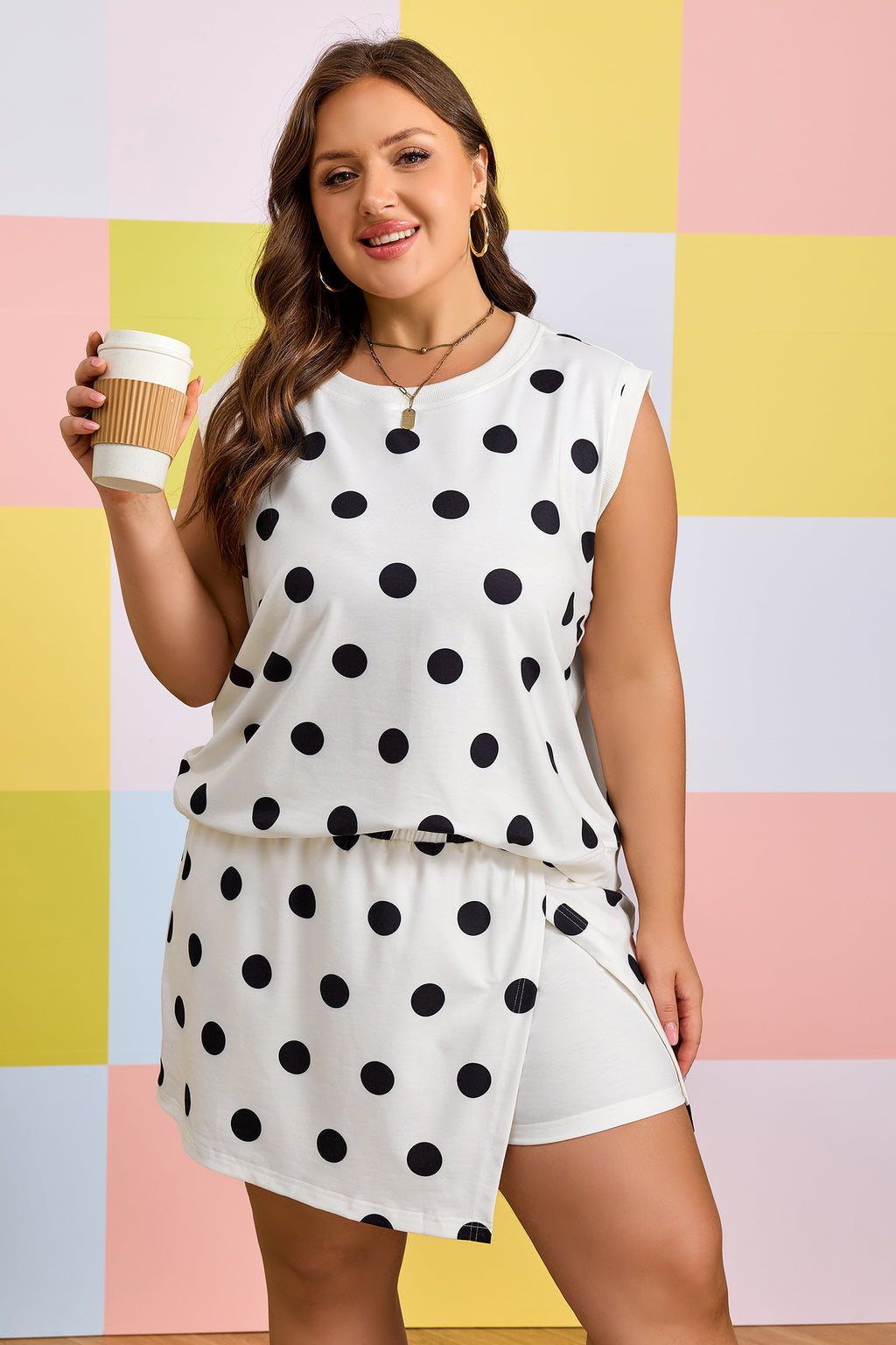 Plus Size White 2 pc Outfit With Black Polka Dot Printed Tank & Split Skort
