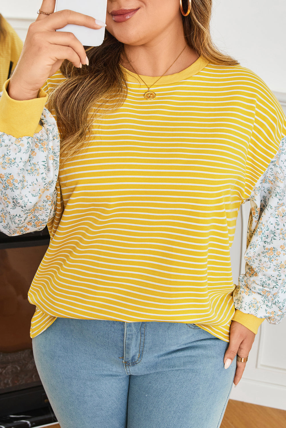 Plus Size Yellow Stripe Patchwork Top With Contrast Floral Sleeves