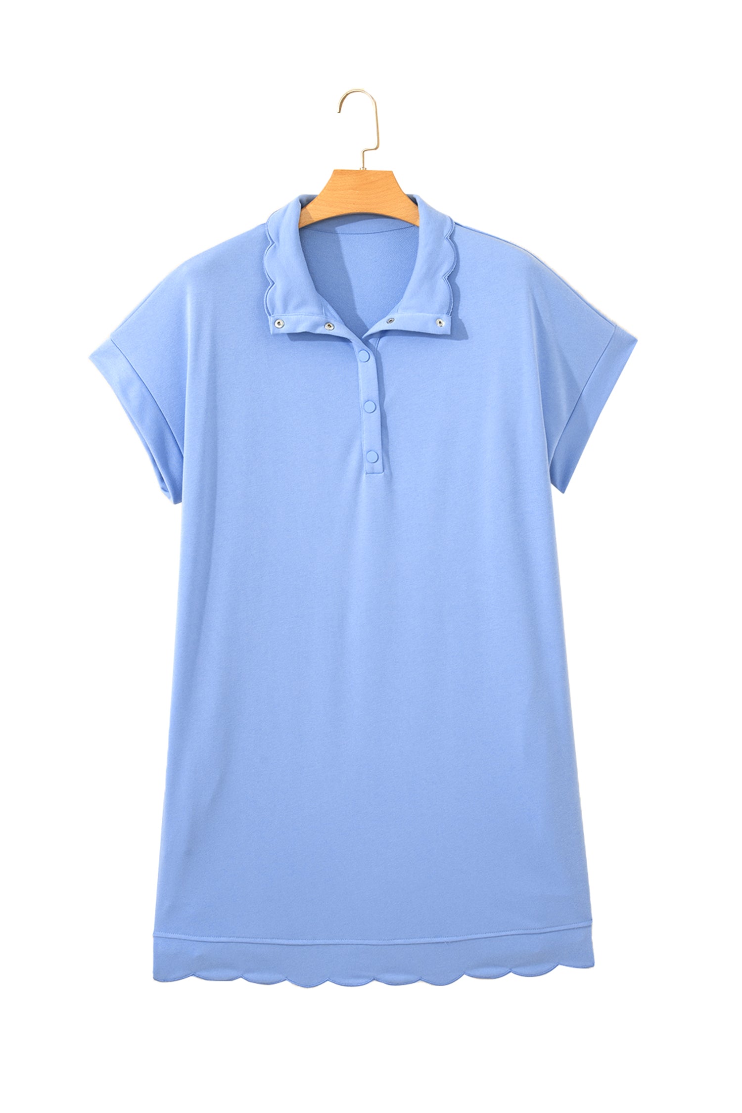 Plus Size Beau Blue Pullover Mini Dress With Scalloped Hem & Button Neck