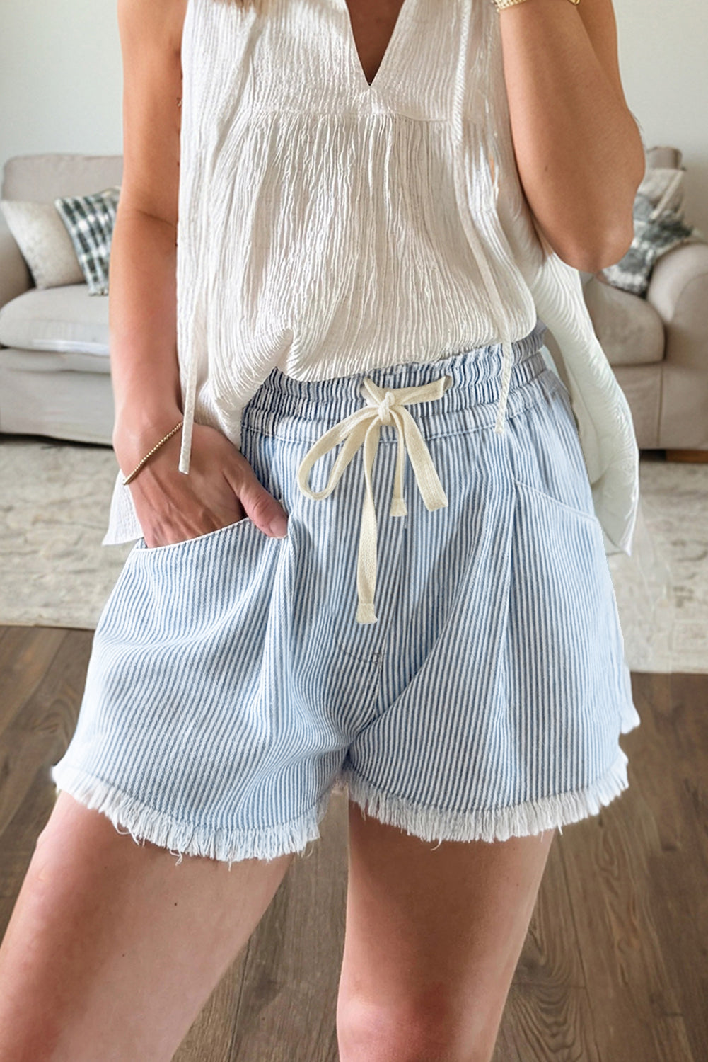Sky Blue Stripe & Raw Edge Denim Shorts With Elastic Drawstring Waist