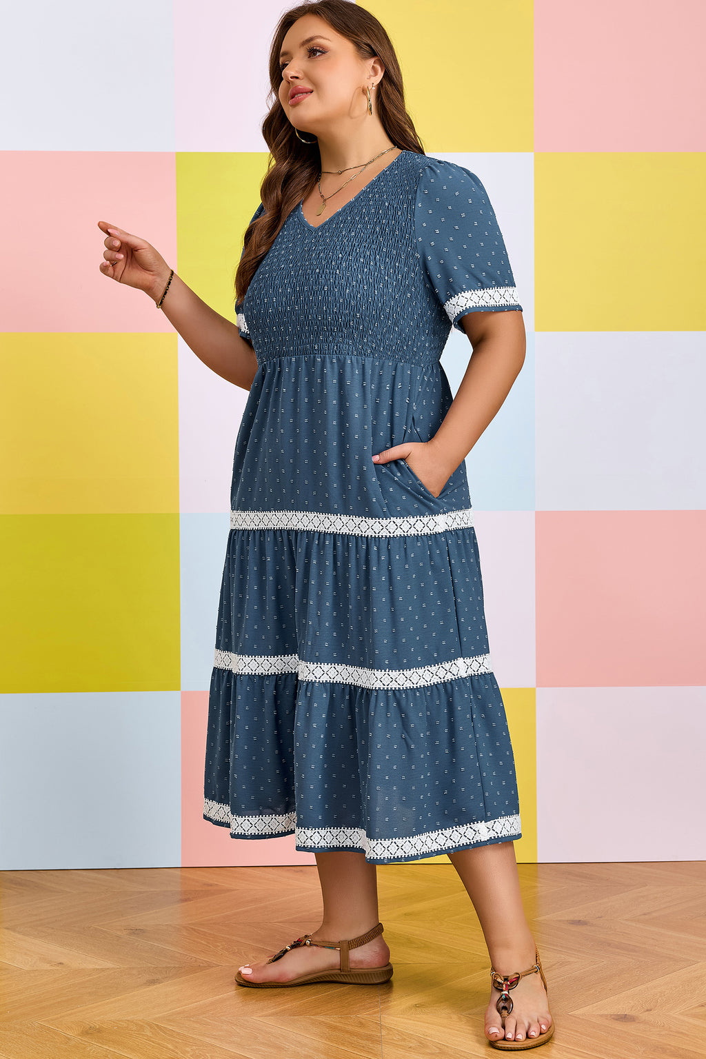 Plus Size Dusk Blue V-Neck Flared Midi Dress With Swiss Dot & Lace Patchwork Detail