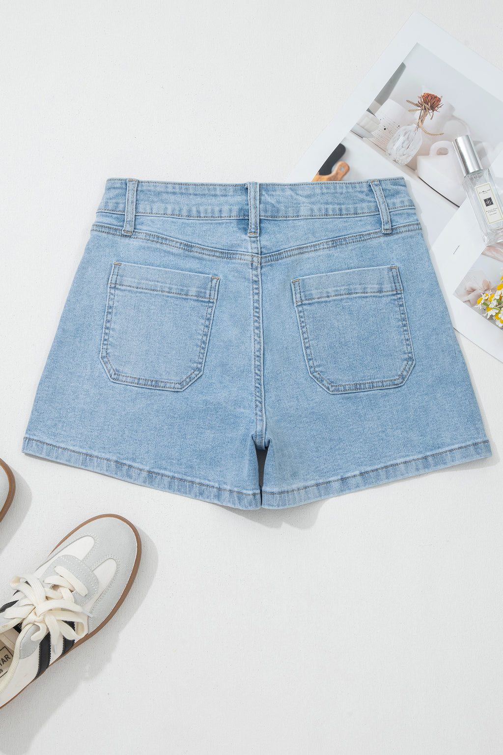 High Rise Patch Pocket Denim Shorts