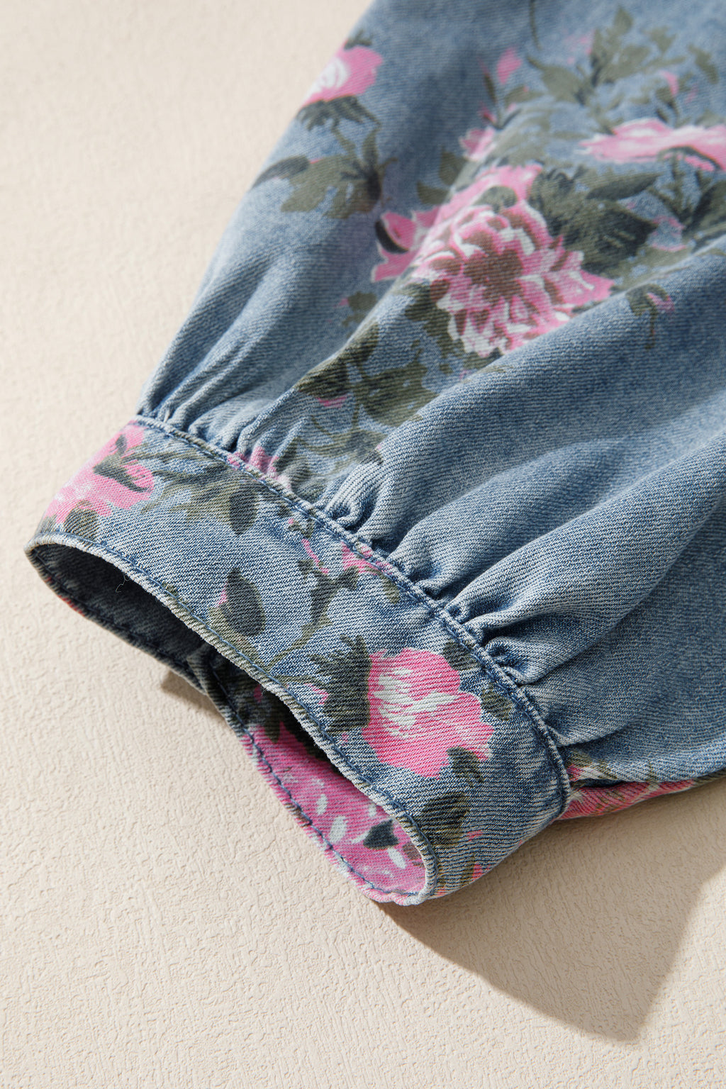 Blue Bracelet Sleeve Denim Floral Print Shirt