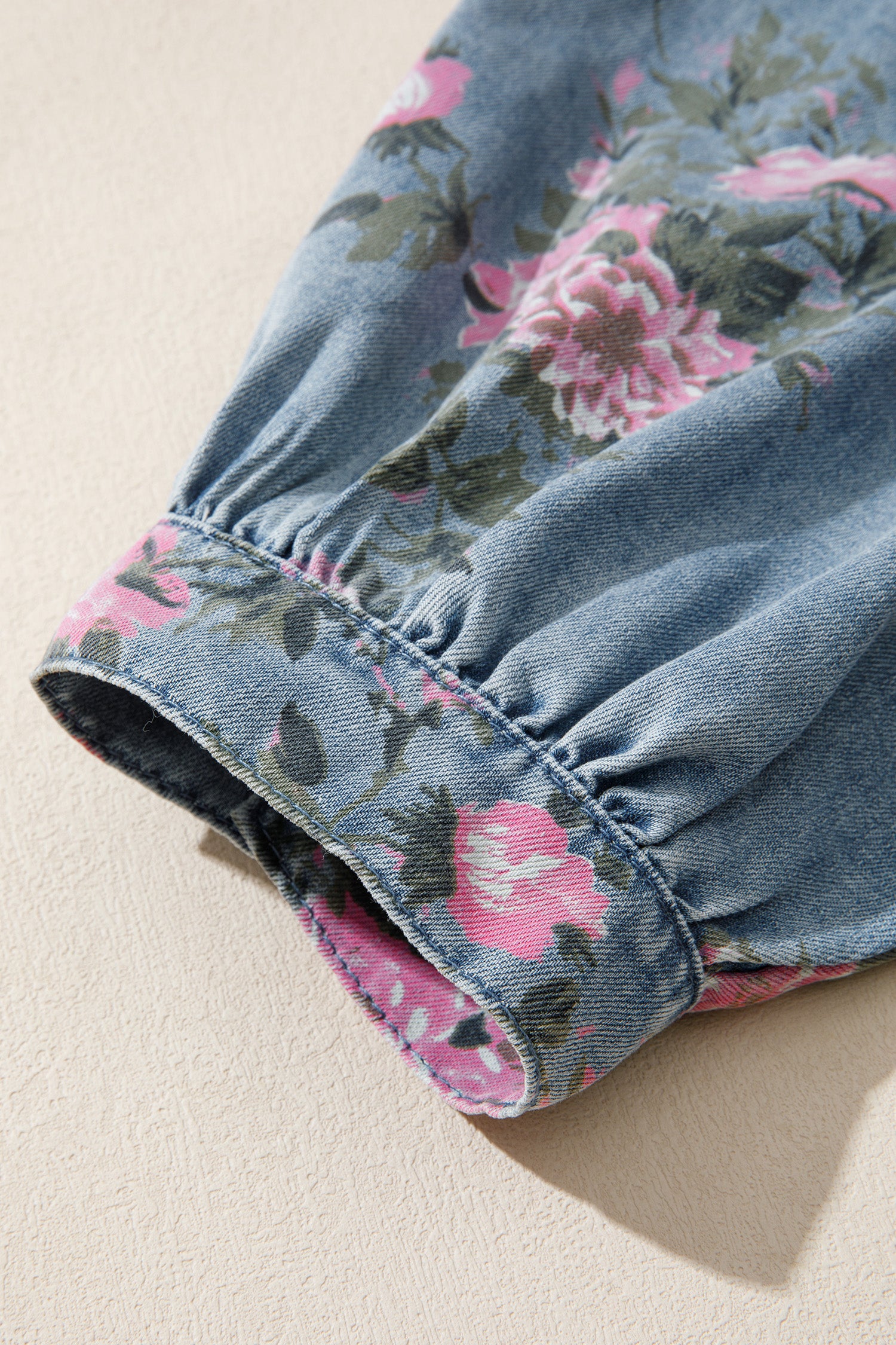 Blue Bracelet Sleeve Denim Floral Print Shirt