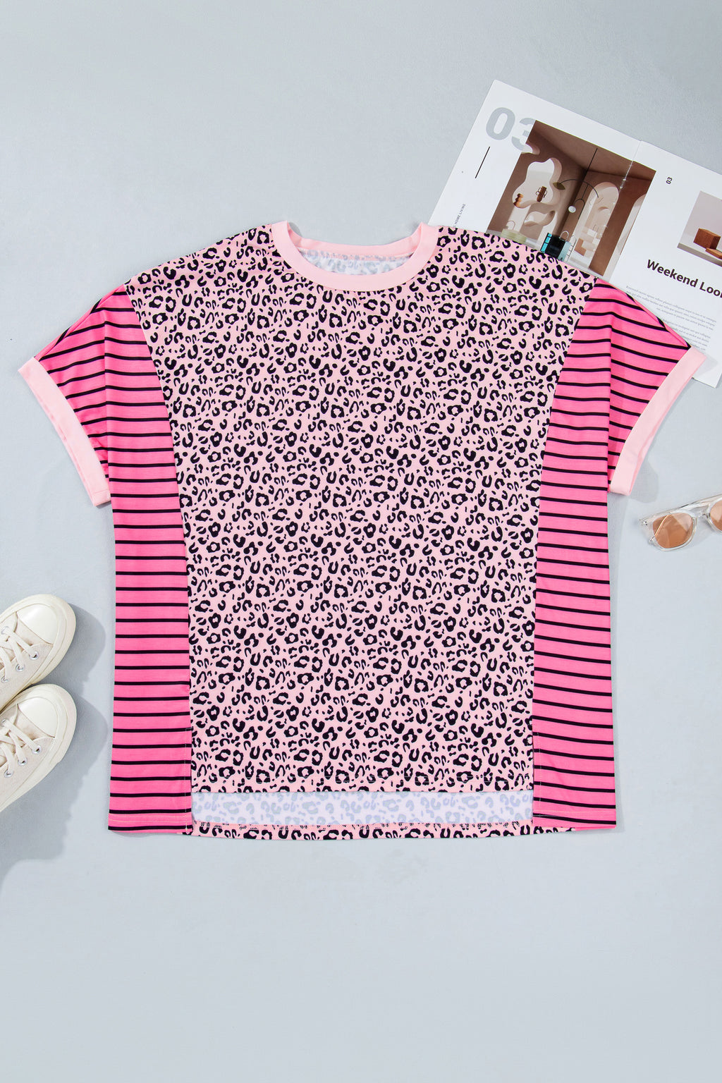 Plus Size Pink Leopard Print & Striped Contrast Patchwork Tee