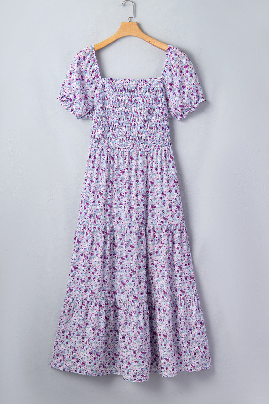 Plus Size Purple Floral Print Smocked Maxi Dress With Square Neck