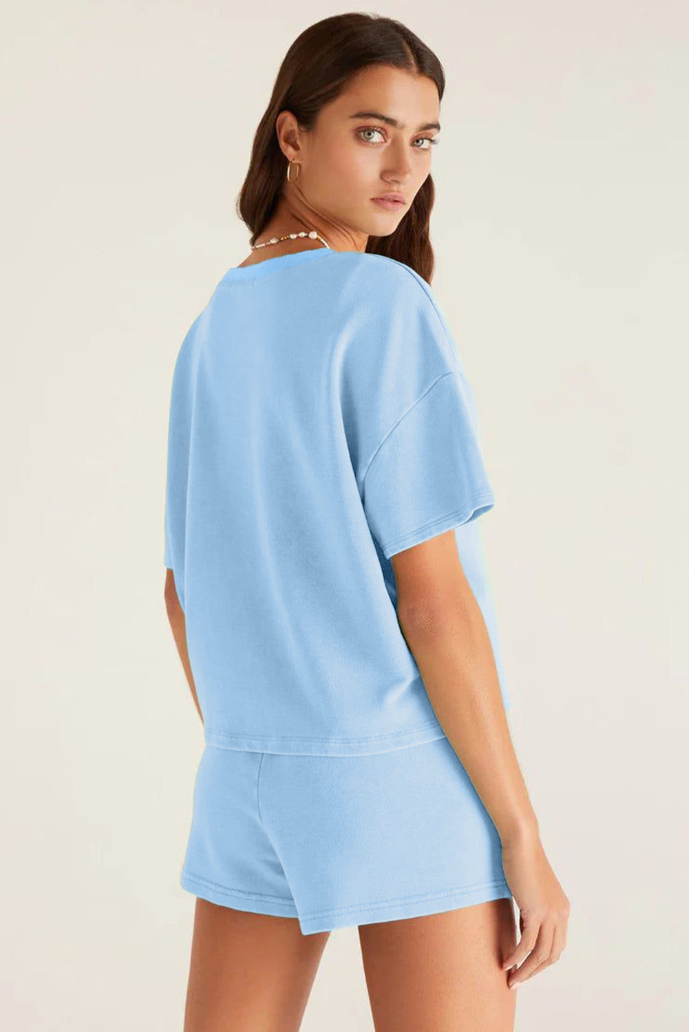 V-Neck Drop Shoulder Tee & Patchwork Shorts With Drawstring & Elastic Waistband 2pc set