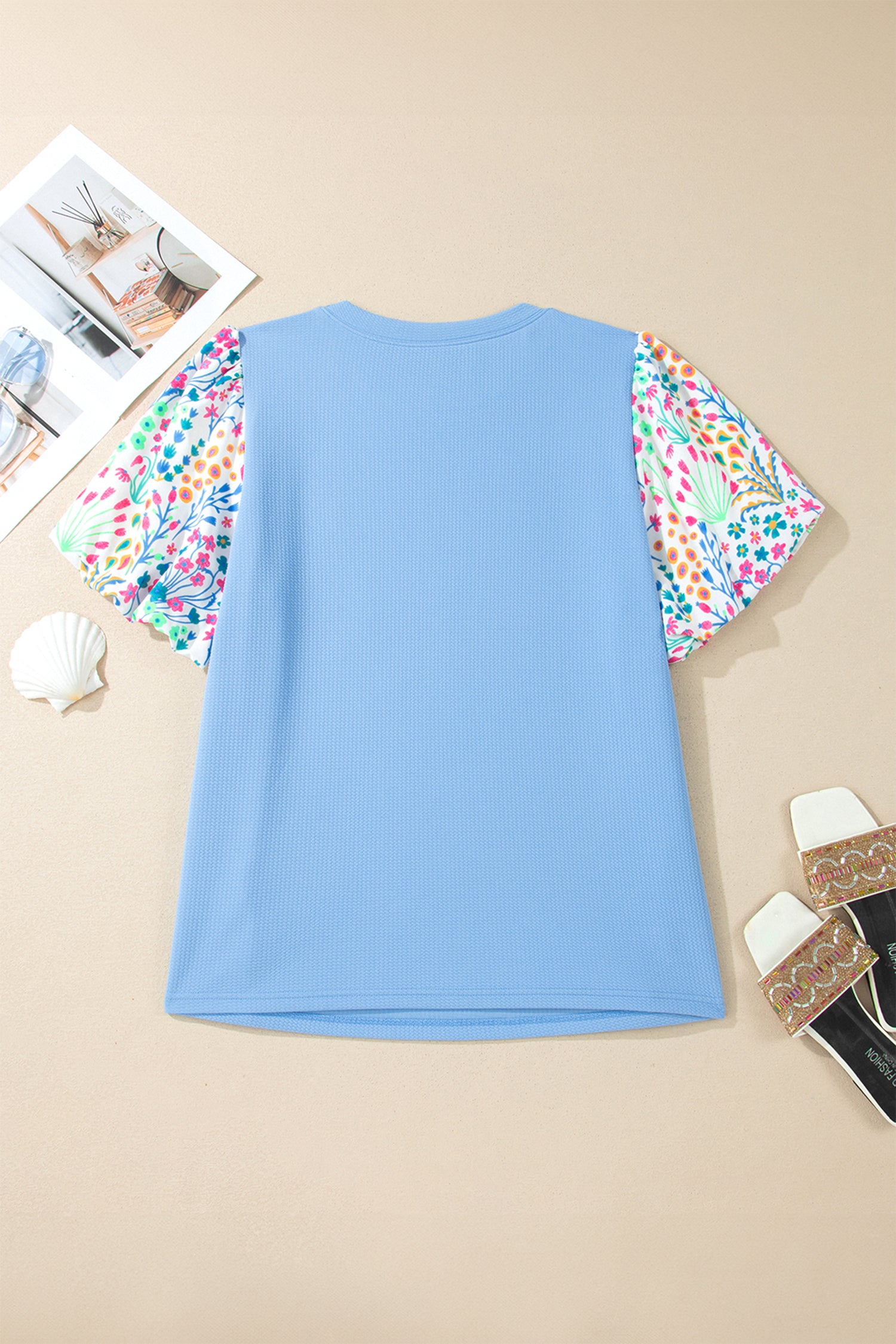 Plus Size Light Blue Textured Bodice Top With Contrast Floral Sleeves