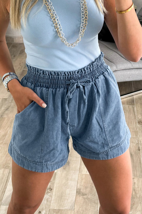 Dusk Blue Smocked Denim Shorts With Elastic Waist