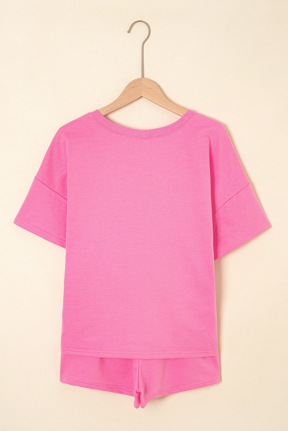 Bonbon V-Neck Drop Shoulder Tee & Patchwork Elastic Waistband Shorts With Drawstring 2pc Set