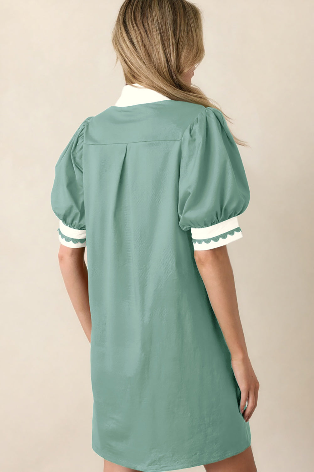 Canton Mini Dress With Scallop Color Block Trim & Puff Sleeves