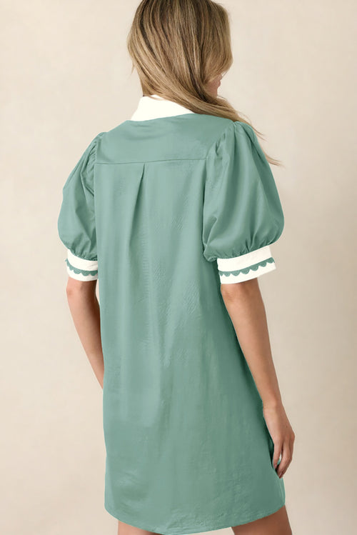 Canton Mini Dress With Scallop Color Block Trim & Puff Sleeves