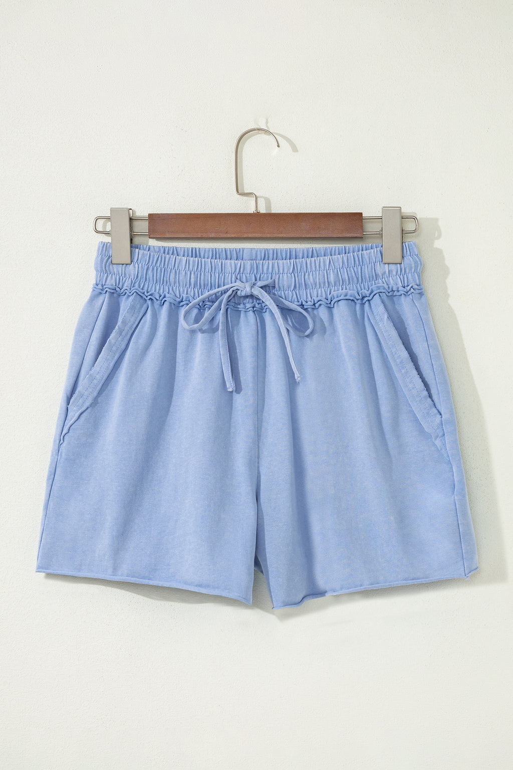 Sky Blue Mineral Washed Raw Cut Shorts With Elastic Drawstring Waste