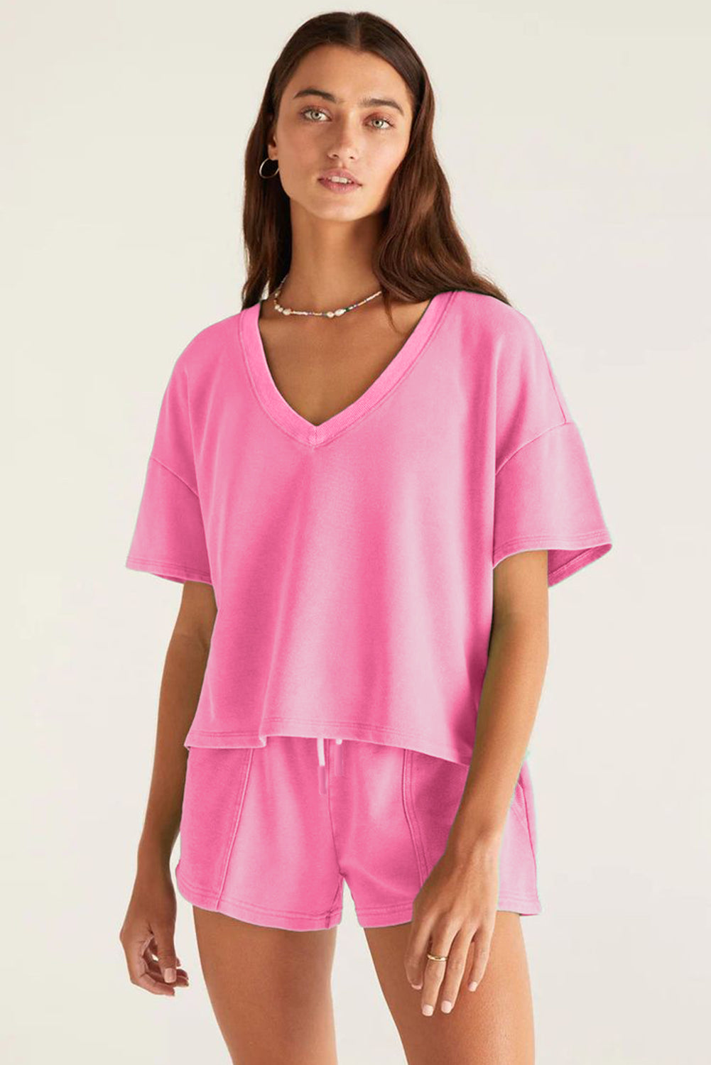 Bonbon V-Neck Drop Shoulder Tee & Patchwork Elastic Waistband Shorts With Drawstring 2pc Set