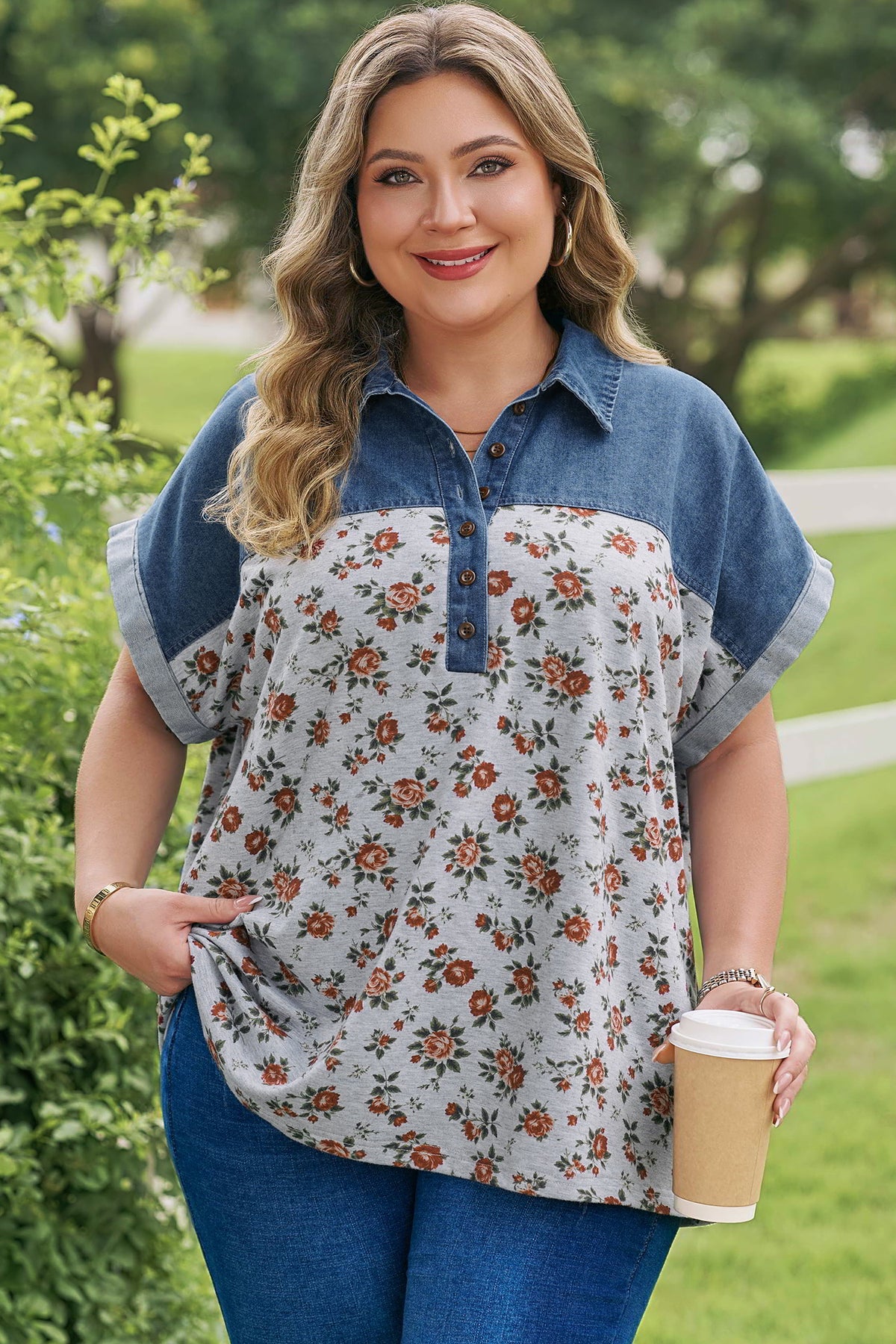 Plus size Gray Retro Floral Print & Denim Patchwork Polo Tee