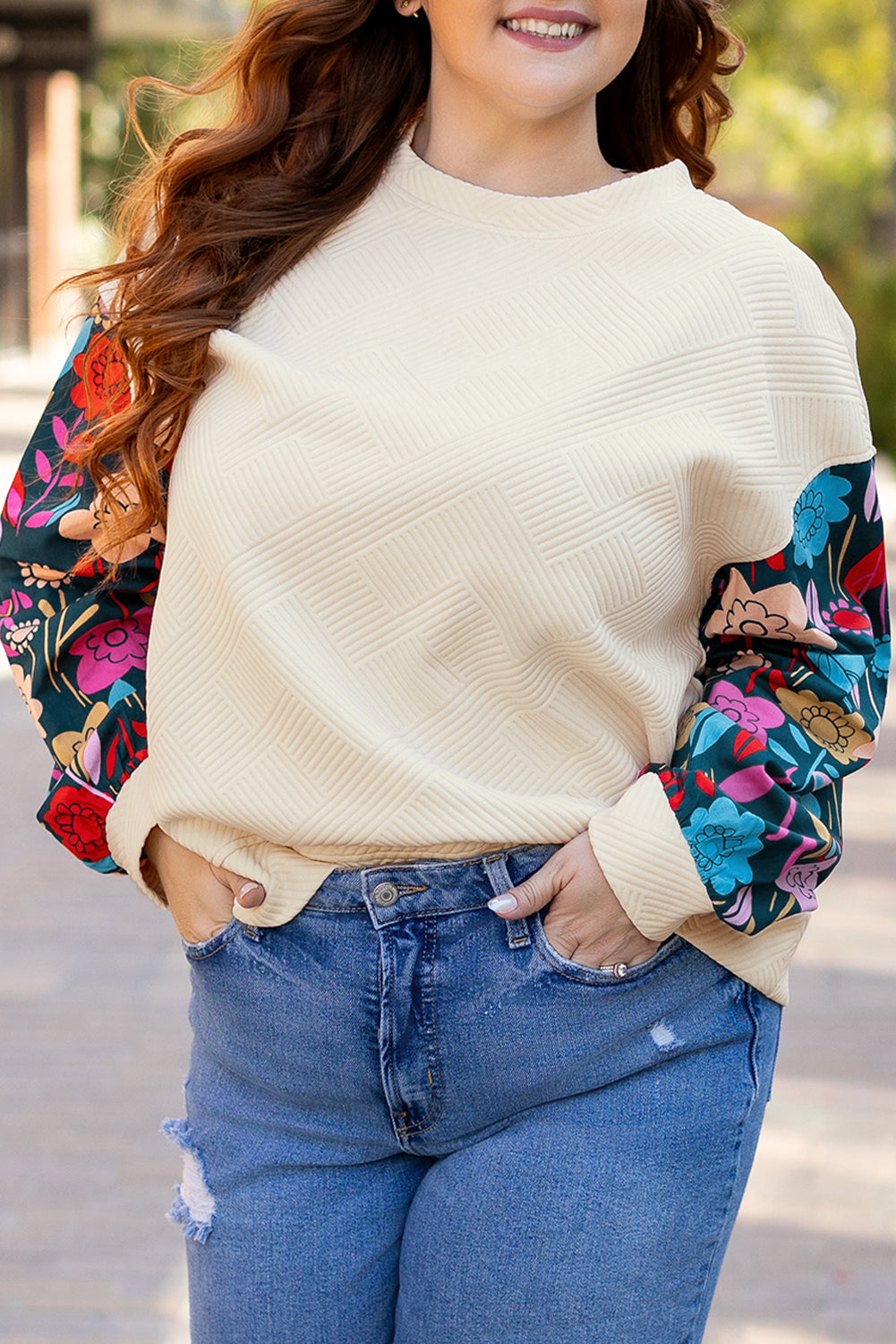 Plus Size White With Floral Patchwork Sleeves Pullover Top