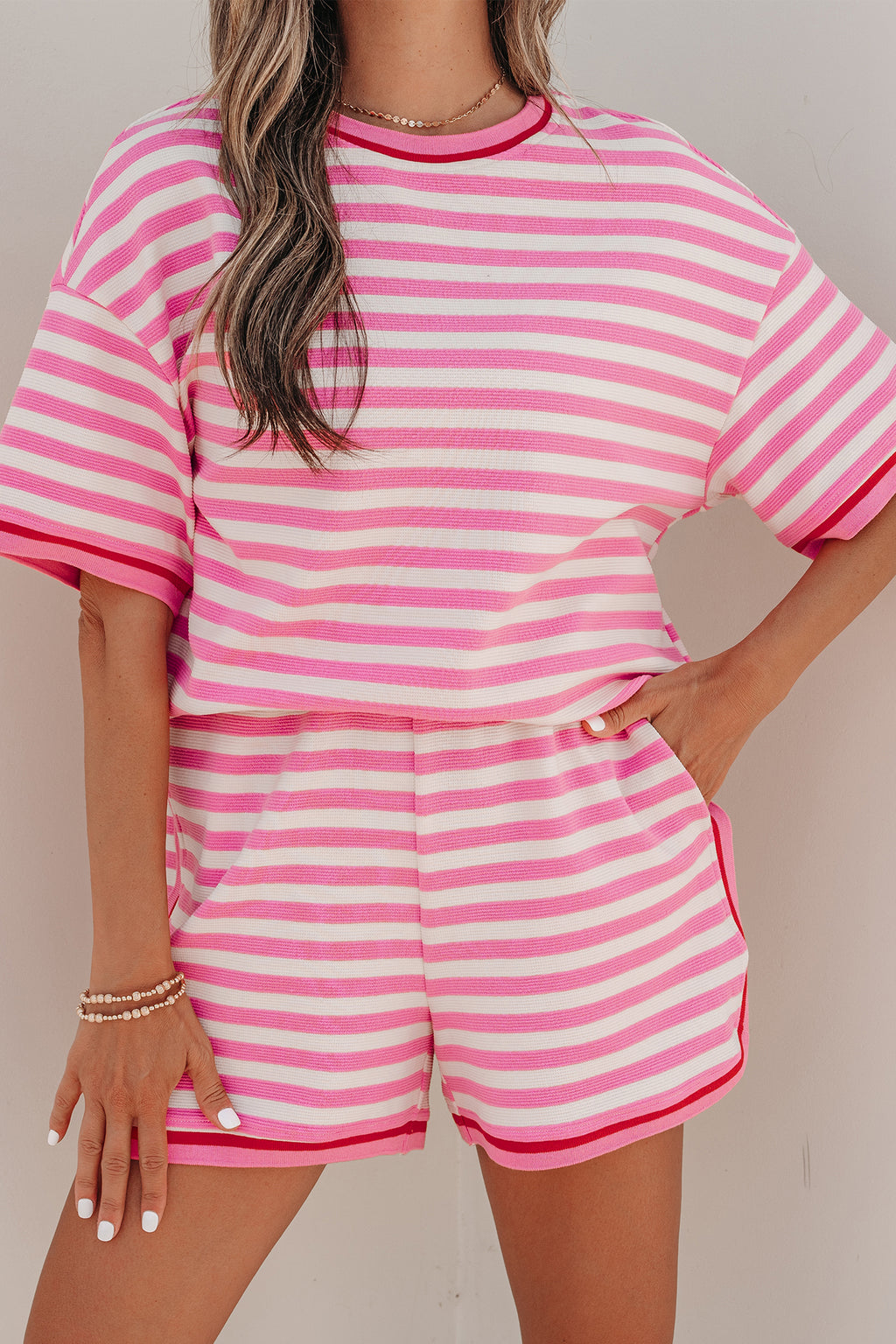 Pink Stripe Short Sleeve Top & Loose Shorts 2pcs Casual Outfit